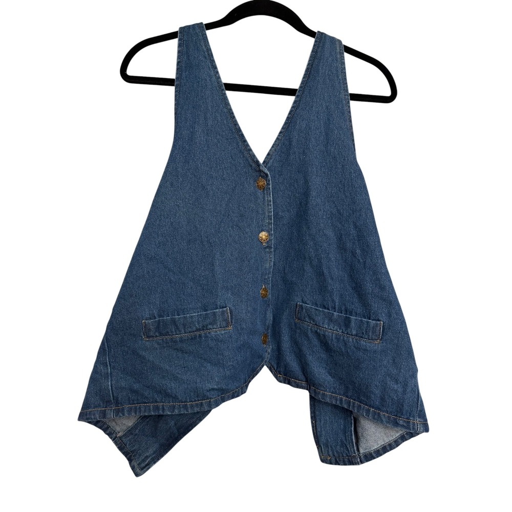 Lioness Denim Vest Medium Wash Open Back Tie Detail Blue V-Neck Button Down M